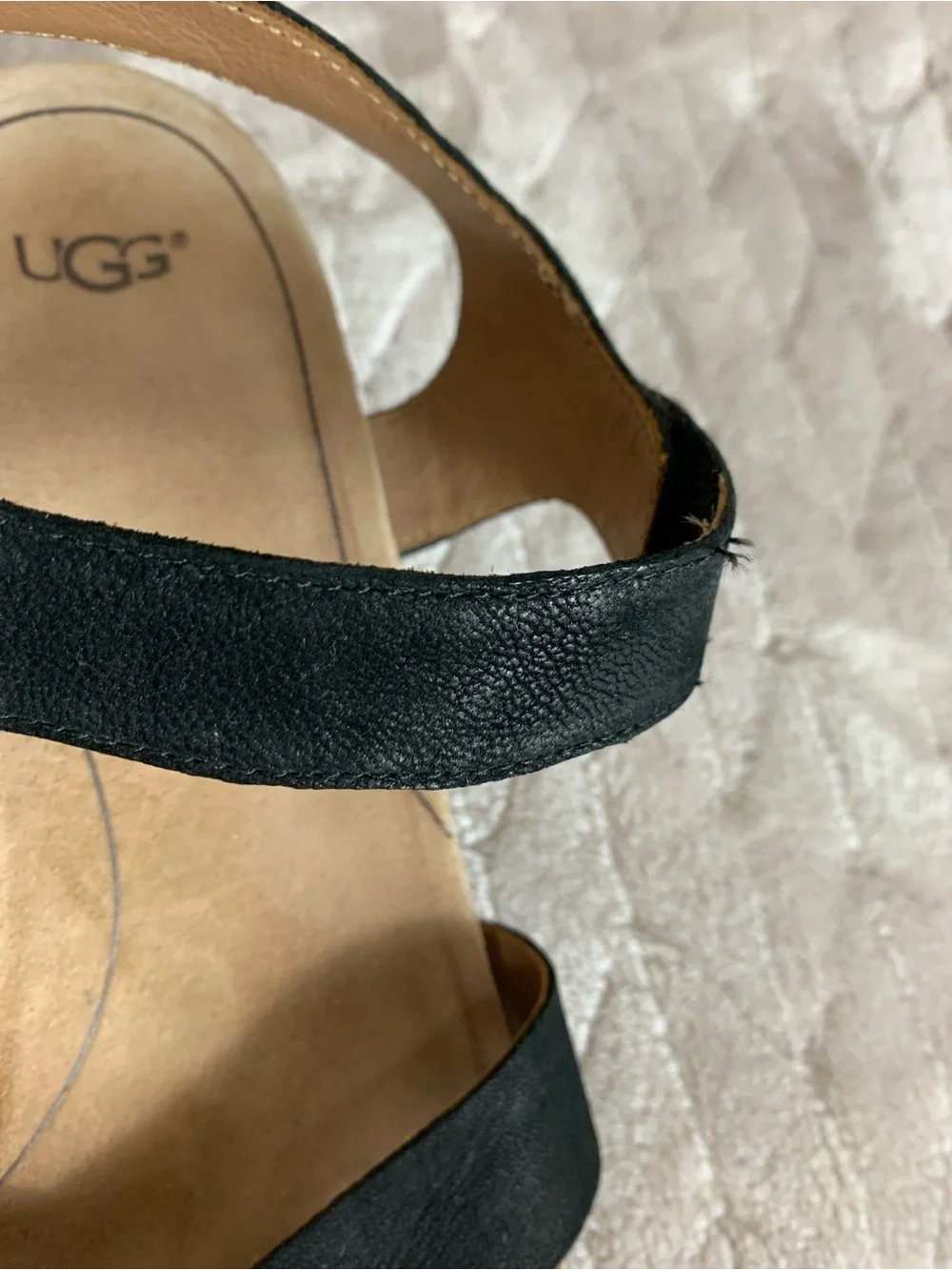 Women's Ugg Black Veva Leather Low Wedge Ankle Strap Open Toe Sandals Size 10